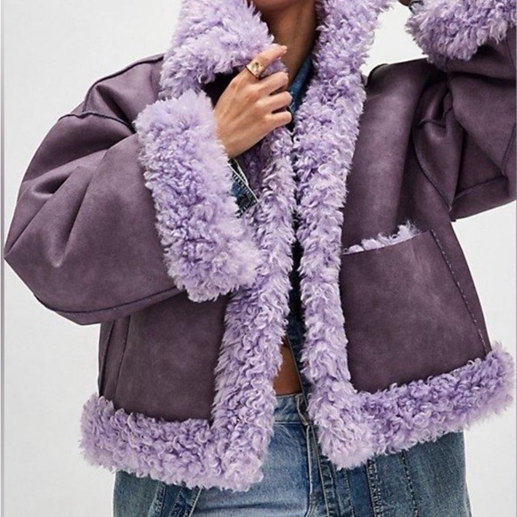 Free People Purple Faux Shearling Bomber Jacket - Picture 2 of 4